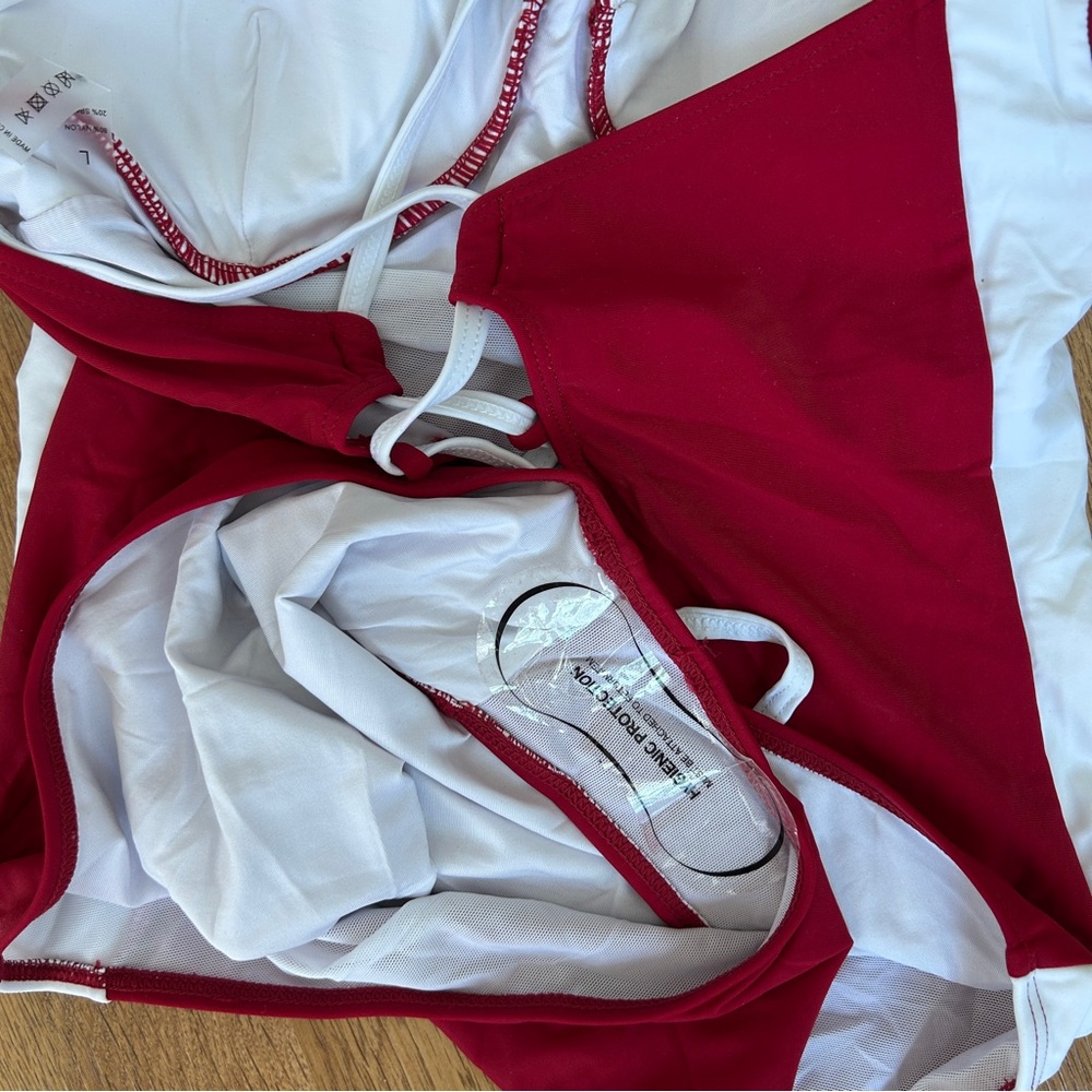 Amazon Women's Red and White Colorblock Criss Cross One-Piece Swimsuit Large - Picture 7 of 9